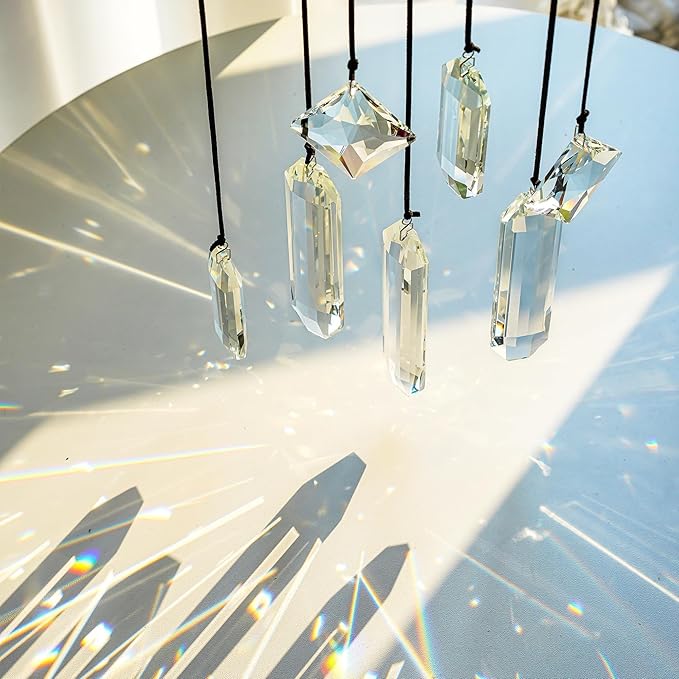 HDCRYSTALGIFTS Set 7 Clear Crystal Prisms Suncatchers Hanging Glass Ornament for Christmas Tree,Rainbow Maker Sun Catchers for Windows Home Garden Decoration,Modern Grief Gift
