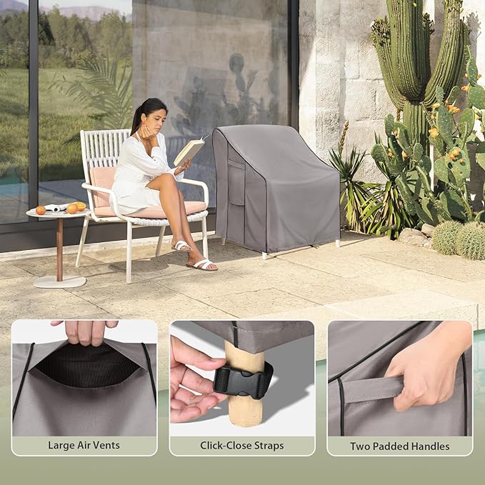 KylinLucky Oversized Patio Chair Covers 2-Pack 33"x35"x38.5" 600D, All-Weather Waterproof Outdoor Chair Covers with Anti-Wind Design, Grey