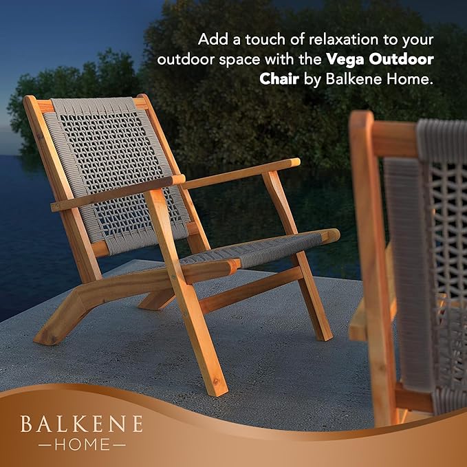 Patio Sense 62773 Vega Natural Stain Outdoor Chair Acacia Wood Construction Hand Woven Seat Mid Century Design Comfortable Reclining Armchair Patio Lawn Garden Backyard Deck - Ecru Cording