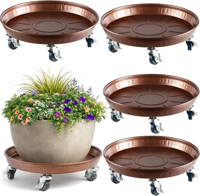 Planterhoma 4 Packs 16 Inch Metal Plant Caddy with Wheels Extra-Large Rolling Plant Stand Heavy-Duty Iron Plant Dolly Casters for Indoor Outdoor Flower Pot Mover Roller Coasters, Copper
