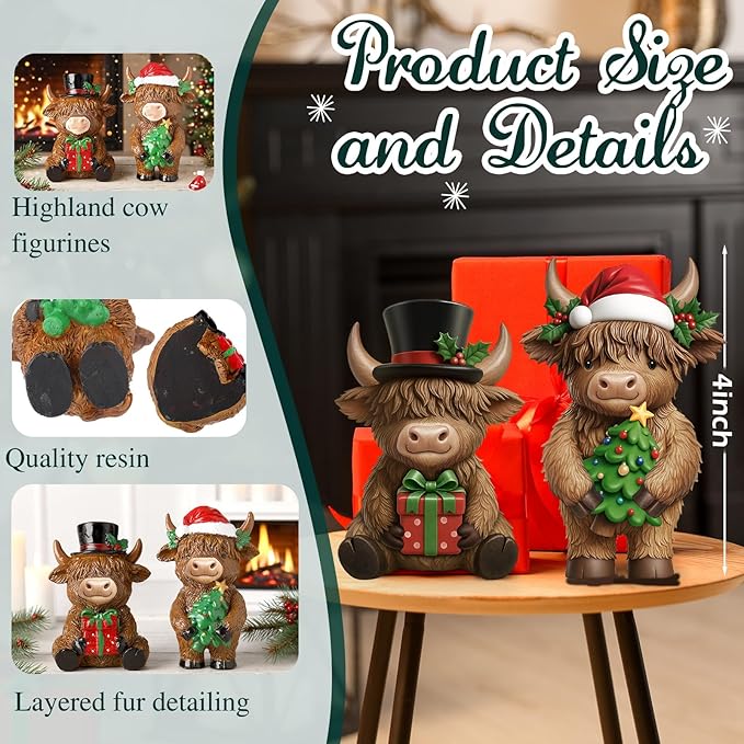 Simgoing 2 Pack Christmas Highland Cow Figurines Highland Cow Statues with Santa Hat Resin Xmas Figurine Merry Christmas Table Decoration for Winter Holiday Farmhouse Tiered Tray Garden Home Gift