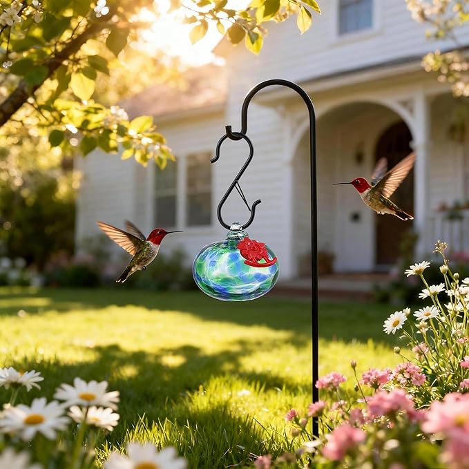 QFkris Blown Glass Hummingbird Feeder for Outdoors Hanging, Small Hummingbird Feeder with Flower Feeding Ports for Outside Garden Backyard Decor, Gifts for Women Mom(Green)