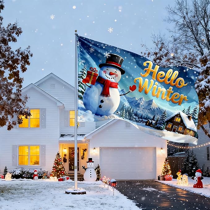 3x5ft Hello Winter Flag – Double-Sided Christmas Yard Flag with 2 Brass Grommets & White Sleeve, Outdoor Holiday Decoration for Garden, Porch, and Patio