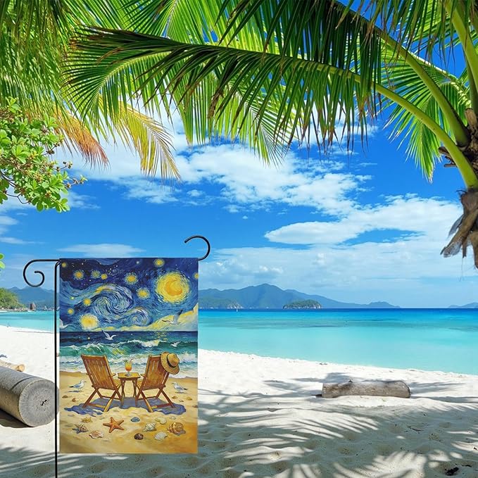Beach Garden Flag Spring Summer Coastal Yard Flags Van Gogh Inspired Starry Night Style Ocean Seaside Chairs House Banner for Outside Lawn Patio Porch Seasonal Home Double Sided 12x18 Inch