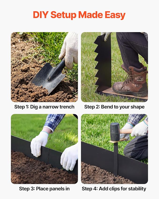 VEVOR Galvanized Steel Landscape Edging, 6-Pack 40 x 10 Inch Metal Edging for Landscaping with 8 Mounting Clips, Heavy Duty Metal Garden Edge Border for Flower Bed, Yard Pathway, Black