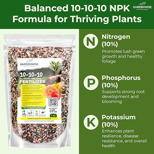 Gardenwise 10-10-10 All-Purpose Professional Fertilizer Plant Food for Indoor/Outdoor Gardening; Premium Shrub, Tree, Flower, Vegetable and Lawn Fertilizer; Quick-Release Nitrogen (10 QUARTS)