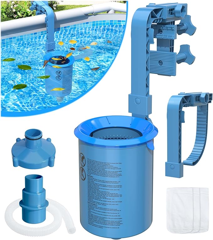 DeeprClean Upgrade Above Ground Pool Skimmer Comes with 3 Socks, Anti-tilt Wall Mount Surface Skimmer, Removable Skimmer Basket, Adjustable Height Bracket, Auto Skimming Pool Surface Leaves - Blue