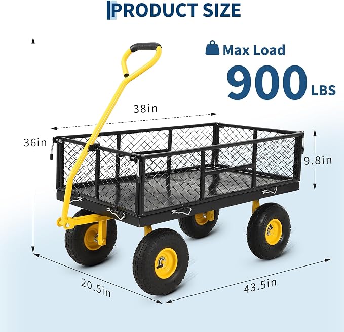 900 Lb Capacity Heavy Duty Steel Garden Cart – 2-in-1 Utility Wagon with Removable Mesh Sides, 10" All-Terrain Tires, Flatbed Conversion, 180° Rotating Handle – Perfect for Lawn, Garden & Backyard