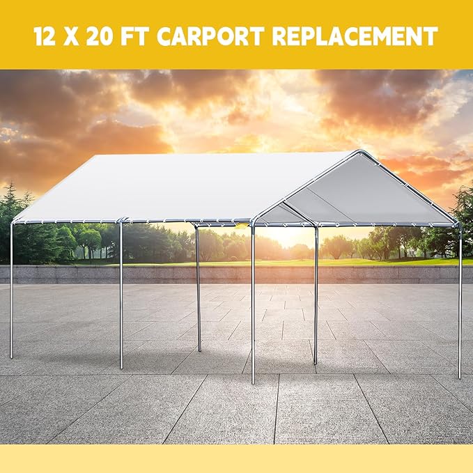 12 x 20 ft Heavy Duty Carport Canopy Waterproof Garage Car Shelter Tarp Tent for Car Canopy Replacement Cover with 50 Ball Bungees, Only Top Cover, Frame is Not Included