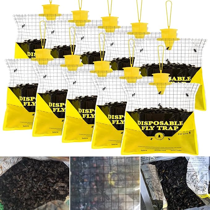 Glovv Fly Traps Outdoor Hanging with Fly Bait, 10 Pack Disposable Bags Hunter Ranch Trap, Flies Control Bug Catcher Killer Repellent for Stable Horse Barn & Farm