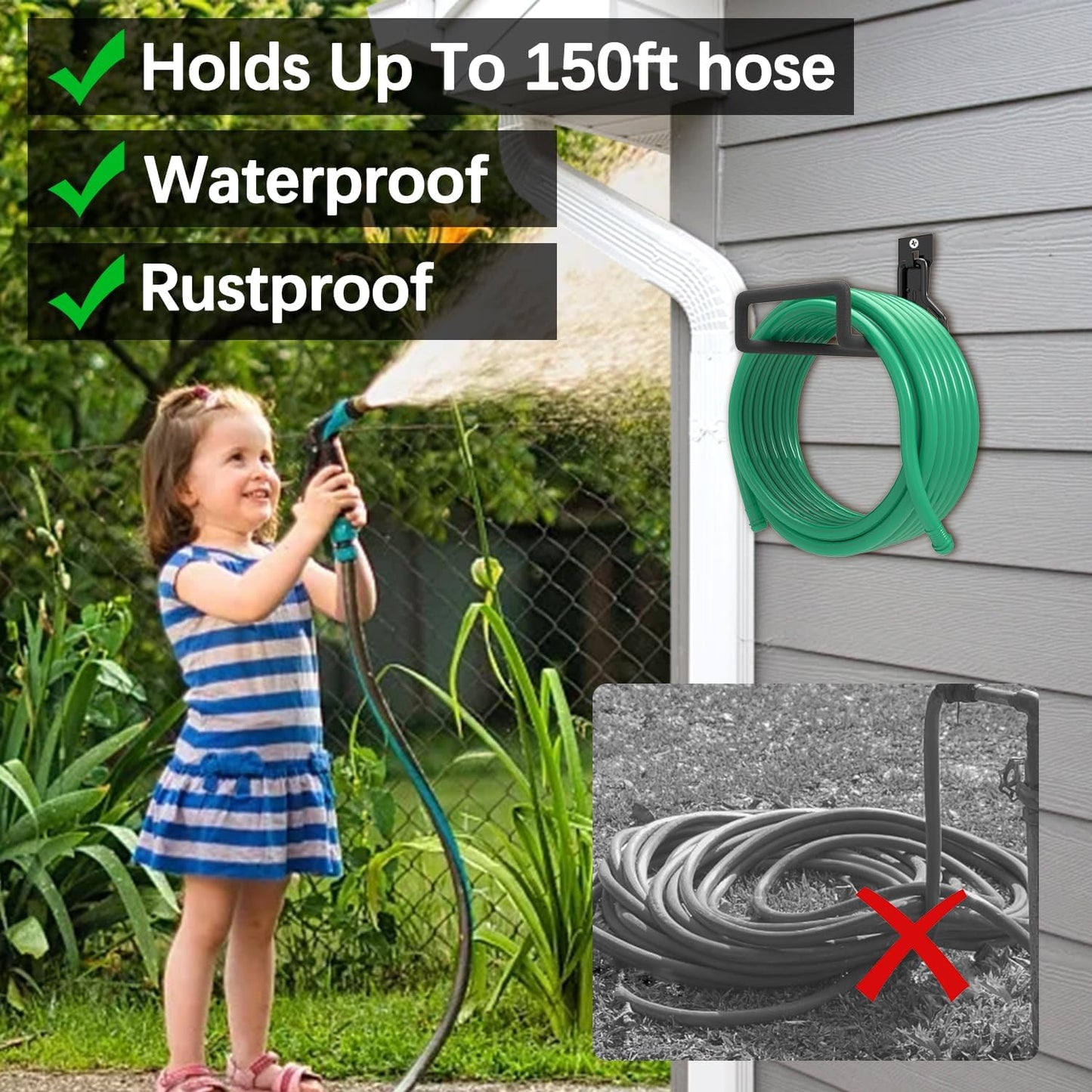 3-H Solid Steel Garden Hose Holder - Wall Mounted Hanger with Extension Strap for Outdoor Water Hoses & More