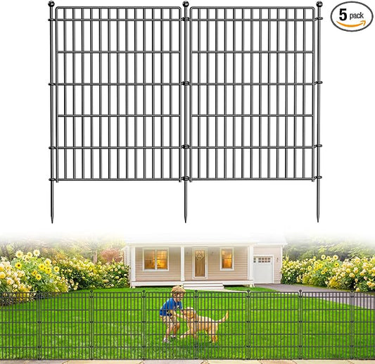 5 Panels No Dig Garden Fence Animal Barrier, 34in(H) × 11.25ft(L) Decorative Metal Outdoor Dog Fence, Rustproof Pet Fencing for Yard, Patio, Flower Bed -Temporary Fencing| Easy to Install