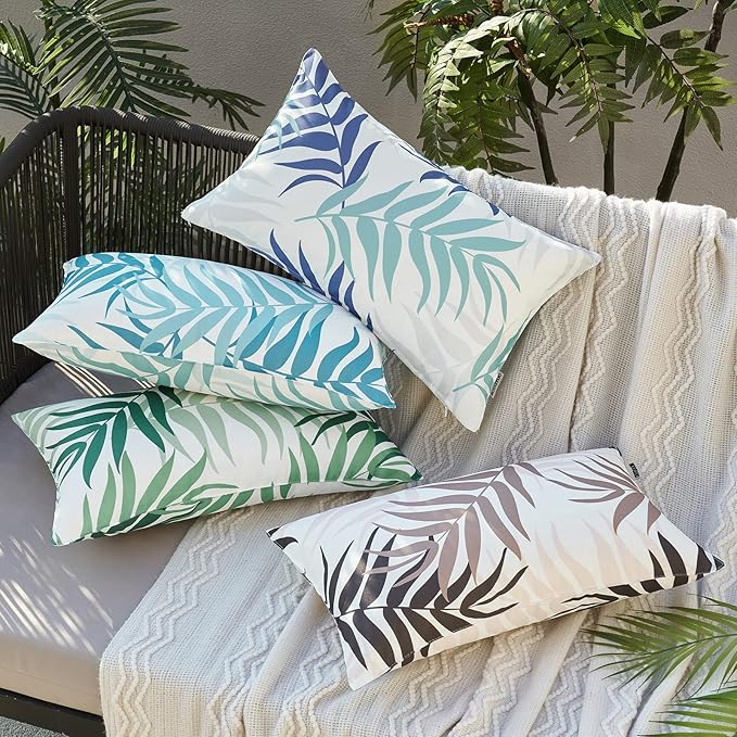 MIULEE Pack of 2 Decorative Outdoor Waterproof Throw Pillow Covers Patio Pillow Cases Natural Leaves Pattern Spring Square Cushion Shams Shell for Garden Balcony Couch 12x20 Inch, Coffee Brown