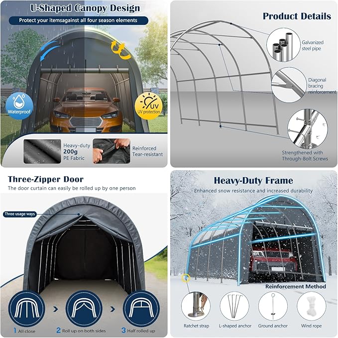 10x20 FT Anti-Snow Carport, Heavy-Duty Portable Garage with Steel Frame & Vented Roof, Removable Double-Zipper Door, Waterproof Outdoor Storage Shelter for Trucks, Boat, Easy Assembly, Grey