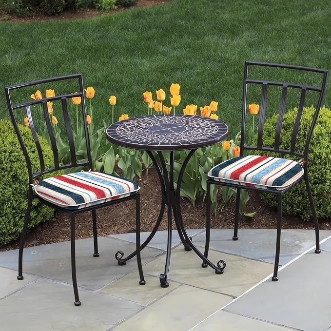 DYTXIII Set of 2 Outdoor Chair Cushions with Ties,Water Repellent Patio Chair Pads 17"x 16" for Outdoor Furniture,Round Corner Seat Cushions for Garden Yard Kitchen Stripe Red Blue