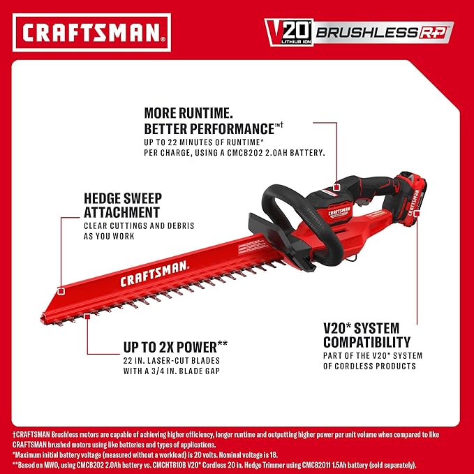 CRAFTSMAN V20 22 in. Hedge Trimmer Cordless with 2Ah Battery and Charger, Lightweight Brushless RP Bush Trimmer with Hedge Sweep Attachment, Longer Runtime, Up to 2X More Power (CMCHT830D1)