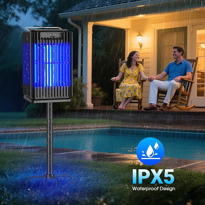 Solar Bug Zapper Outdoor, Solar Mosquito Zapper Outdoor with Ground Bracket, Cordless Waterproof Fly Zapper with Illuminated Light, 5000mAh Rechargeable Mosquito Killer
