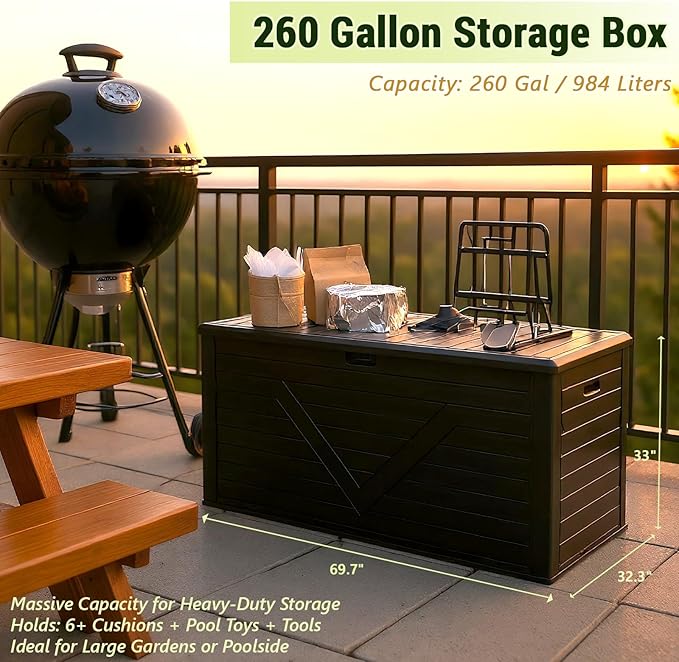 Outdoor Storage Deck Box Waterproof, 260 Gal Pro Large Lockable Patio Storage Bin Chest, Resin Outside Container Seat Bench for Furniture Cushions, Pool Accessories, Garden Tools & Delivery, Black