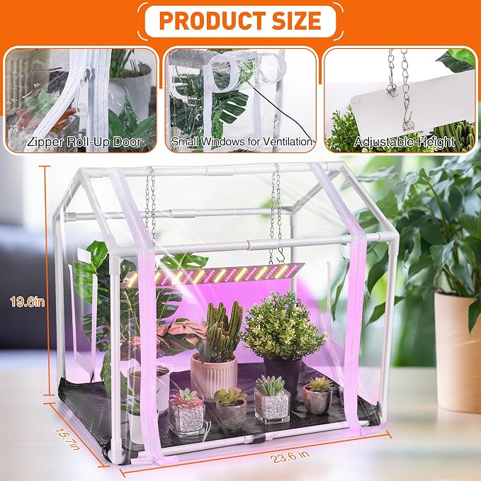 Meonum Mini Greenhouse with Grow Light, 23.6" L x 15.7" W x 19.6" H Portable Greenhouse with Waterproof Bottom Mat, Timer, 3 Light Color Mode for Indoor Outdoor Seed Starter Tray (Mini House Shape)