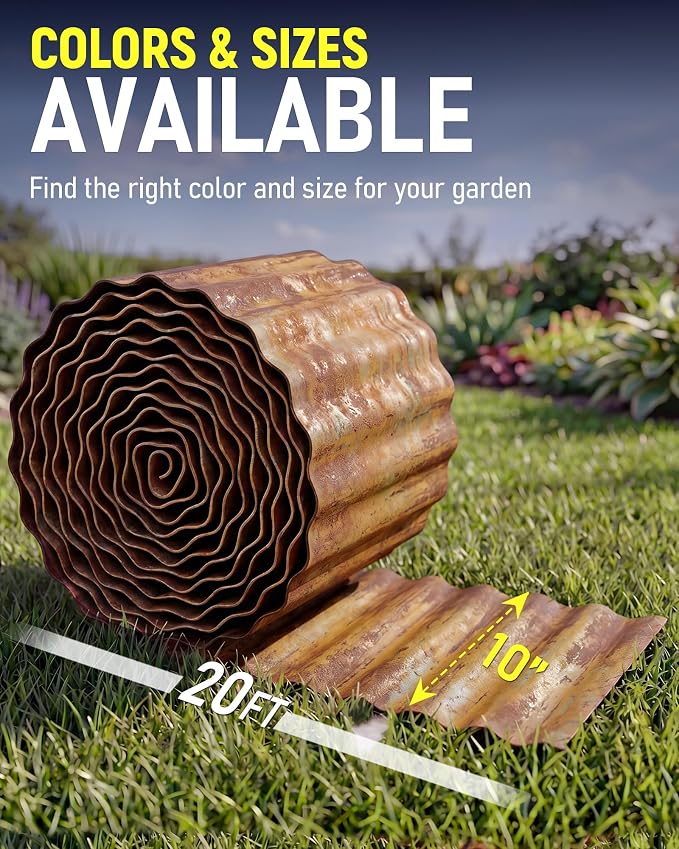 Corrugated Metal Garden Edging, 10"×20Ft Durable Landscape Border for Garden, Lawn, Flower Beds and Paver Edging (Rusty)