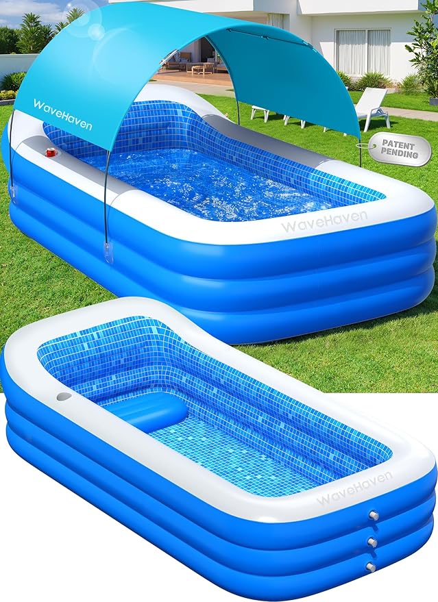 2026 Inflatable Pool with Canopy,Upgraded Blow Up Pool for Adults&Kids,Large Inflatable Pool with Seat and Big Backrest,Kiddie Pool with Shade,Kid Swimming Pool for Backyard 110"x63"x20"Cyan