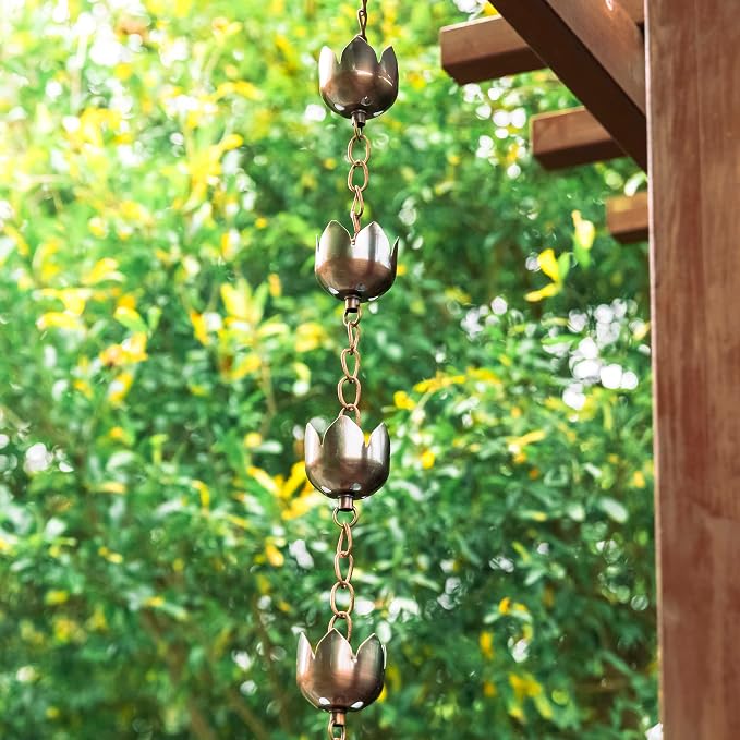 Glitzhome 8.5 FT Lotus Flower Rain Chains, Faux Copper Rain Chains for Gutters with 15 Cups, Adjustable Rain Catcher Chain with V-Shaped Gutter