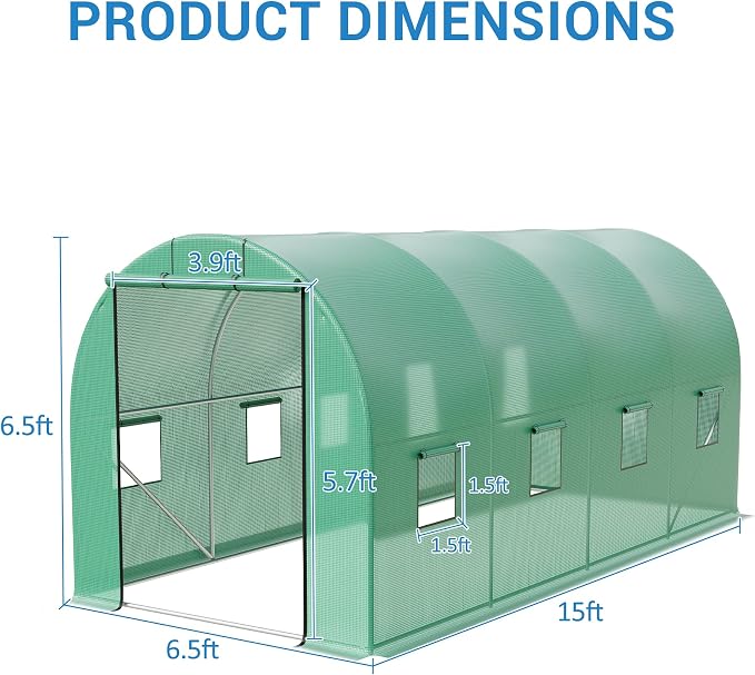 15×7×7Ft Walk-in Tunnel Greenhouse, Galvanized Steel Frame, PE Cover, Zipper Door, 8 Vents, Outdoor Year-Round Plant Shelter