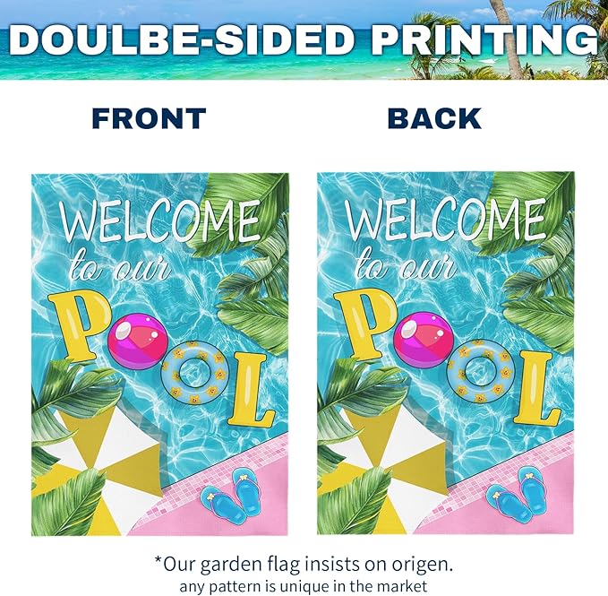 Welcome to Our Pool Garden Flag Vertical Double Sided Summer Swimming Pool Yard Flag Palm Leaf Parasol Garden Flags 12x18 Inch Holiday Party Seasonal Farmhouse Banner Outdoor Decor