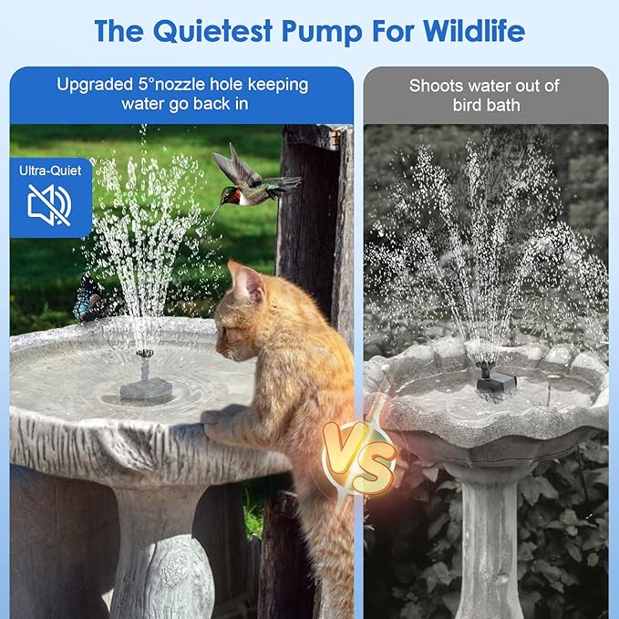 POPOSOAP Solar Fountain Pump for Bird Bath, 6.5W Solar Water Fountain Pump with Upgraded Dry-Run Protection & Double-Layer Nozzles 5Ft Tubing for Pond, Bird Bath, Backyard Water Feature P1065