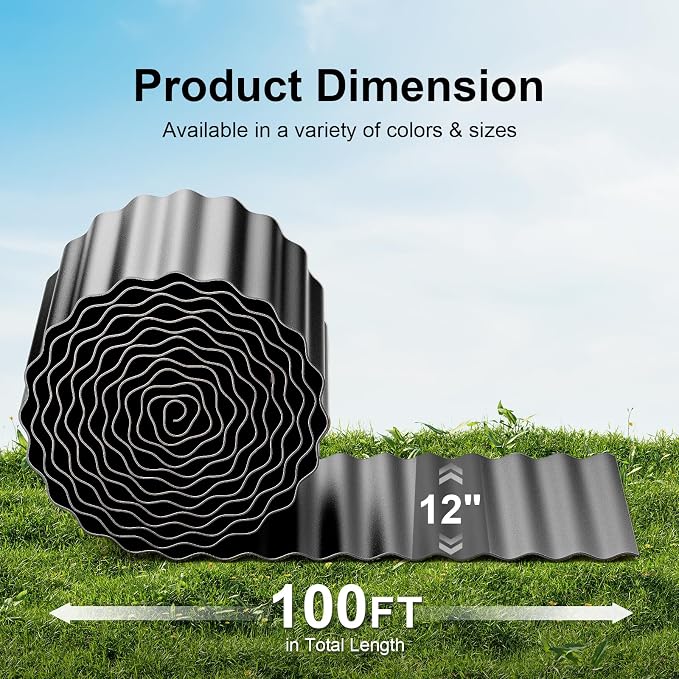 Land Guard Corrugated Garden Edging Border, 12"×100' Landscape Paver Edging, Tall Landscape Edging, Fence for Garden, Flower Bed, Lawn and Landscape Edging (Glossy Black)