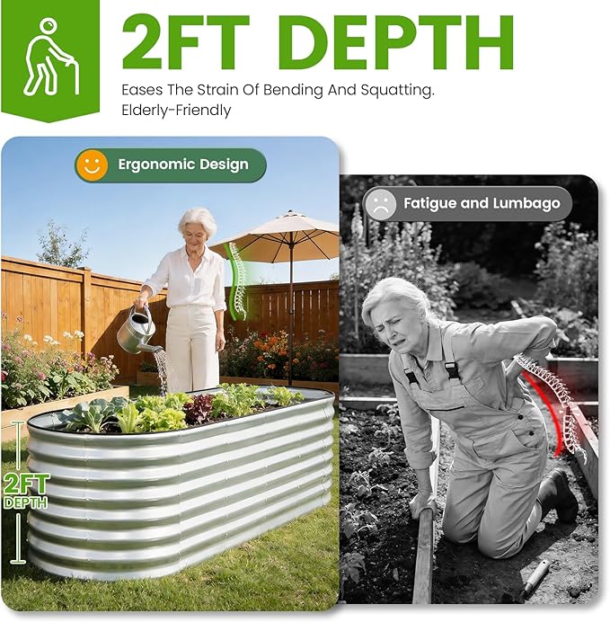 Galvanized Raised Garden Bed Outdoor 24'' Deep | Oval Metal Garden Beds with Easy Assembly & Planter Box for Planting Deep Root Vegetables Fruits Flowers, 6x2x2ft Silver