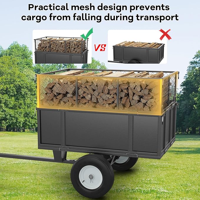 Heavy Duty Steel Utility Dump Trailer – 17 Cu.Ft Garden Cart with Removable Mesh Sides & Pneumatic Tires, 750 Lbs Tow Behind Trailer for ATV, UTV, Lawn Tractor Hauling in Yard & Farm, Black