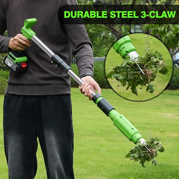 Electric Stand Up Weed Puller Tool with 3.0Ah Battery, Deep Root Removal Adjustable Handle Weeding Tool, Garden Electric Weed Puller with 3-Claw Steel Head for Dandelion, Lawn, Garden,Yard and Farm