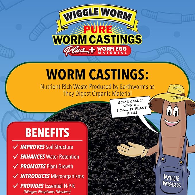 Wiggle Worm 100% Pure Worm Castings Plus Worm Egg Material, 40lbs - Fertilizer and Soil Amendment for Indoor and Outdoor Gardening to Improve Soil Fertility and Aeration - 100% Organic and Odor Free