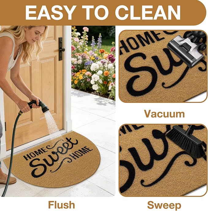 OLANLY Half Circle Front Door Mat, Low Profile Doormat, Stain and Fade Resistant, Easy to Clean, for Indoor and Outdoor Entrances, Patio Porch or Entryway, Brown (35x23 Inch, Home Sweet Home)