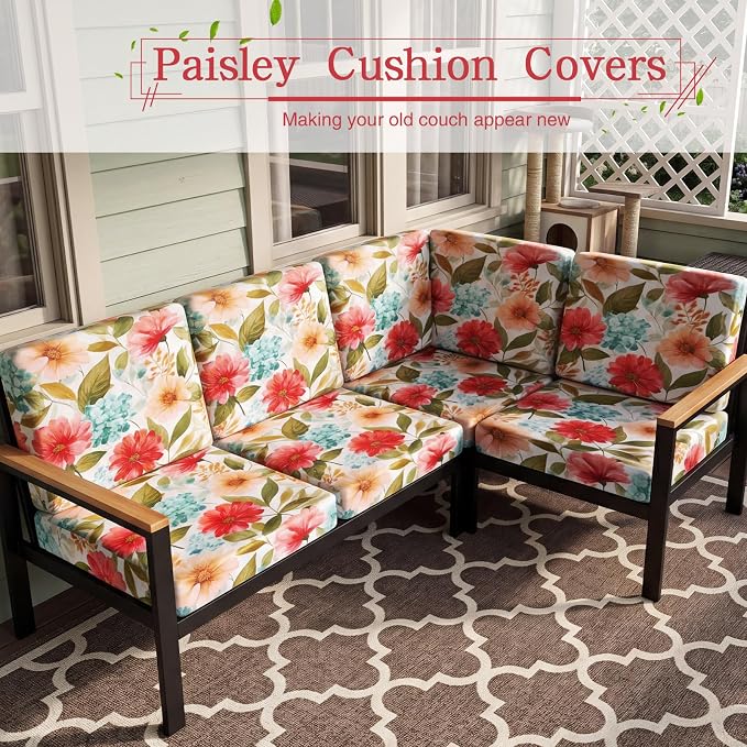 Newwiee 12 Pcs Patio Stretch Outdoor Cushion Covers Sofa Couch Cover Replacement Couch Slipcover Sofa Seat Chair Porch Patio Furniture Protector, Flexibility Washable(Pastel Series,Garden Floral)