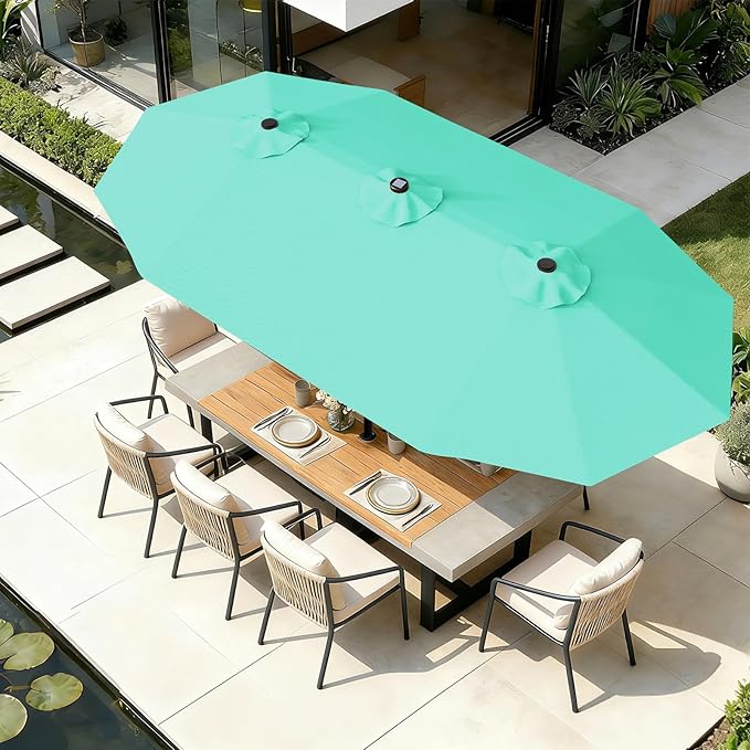 AreShark 15FT Patio Umbrella with Solar Lights, Double Sided Outdoor Table Umbrellas with Crank, Large Rectangular Market Umbrella for Porch, Lawn, Pool, Backyard, Peacock Blue