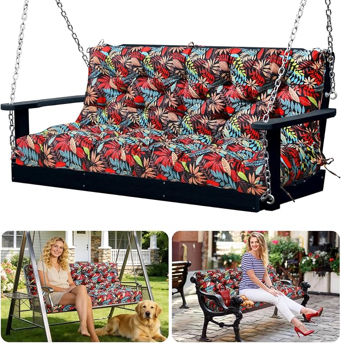 Porch Swing Cushions 2 Seater Replacement Thicken 5" Waterproof & Fade Resistant Swing Cushions for Outdoor Furniture Bench Patio Swing Cushion with Backrest & Ties(Black Floral 48x40x5inch)