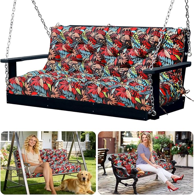 Porch Swing Cushions 3 Seater Replacement Thicken 5" Waterproof & Fade Resistant Swing Cushions for Outdoor Furniture Bench Patio Swing Cushion with Backrest & Ties(Black Floral 60x40x5inch)