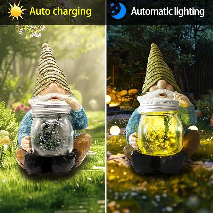 Solar Firefly Jar Gnome Resin LED Garden Statue | Waterproof hand-painted resin; flickering firefly LED lights; holiday gift for women mom grandma