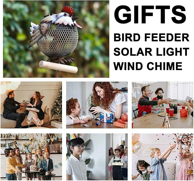 Solar Rooster Bird Feeder Squirrel Proof for Outside - Unique Cute Metal Animal Shaped Wild Bird Feeder with Solar Light, Wind Chime, Gift for Bird Lovers(Rooster)