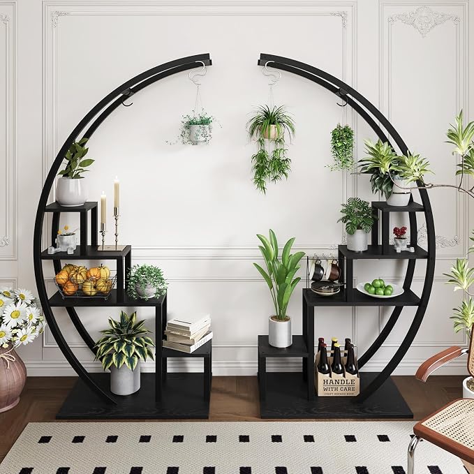 IDEALHOUSE 2 Pack 5 Tier Tall Indoor Plant Stand, Metal Half Moon Tiered Flower Rack, Space-Saving Design with 6 Hangers for Multiple Plants Display, Decorative Shelf for Home & Outdoor,Black
