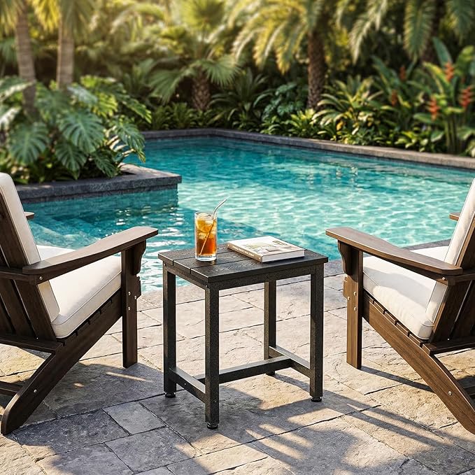 ODK Outdoor Side Table, Adirondack Patio End Table with Weather-Resistant, Waterproof Top for Hot Tub, Garden, Balcony, Poolside, Durable & Easy-to-Clean, Black