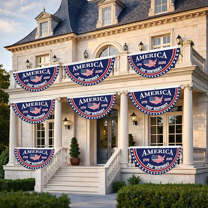WENWELL 250 year anniversary Birthday Bunting Flag, Patriotic USA Anniversary Fan Banner 1776-2026, 2x4 FT, Navy Blue Red White, with Brass Grommets 2 Pack