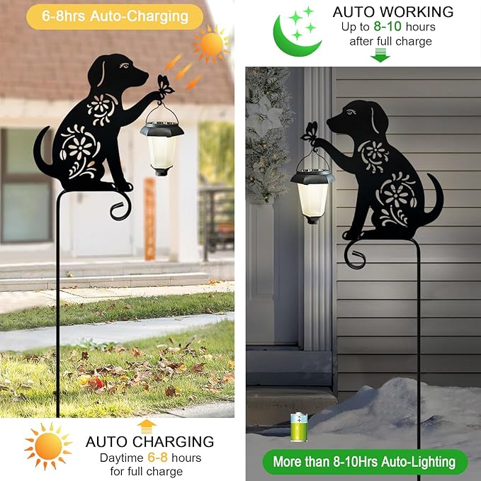 Dog Solar Lights Outdoor Garden, Beagle Dog Statues Outdoor,Metal Dogs Solar Lantern Garden Stakes for Yard,Lawn