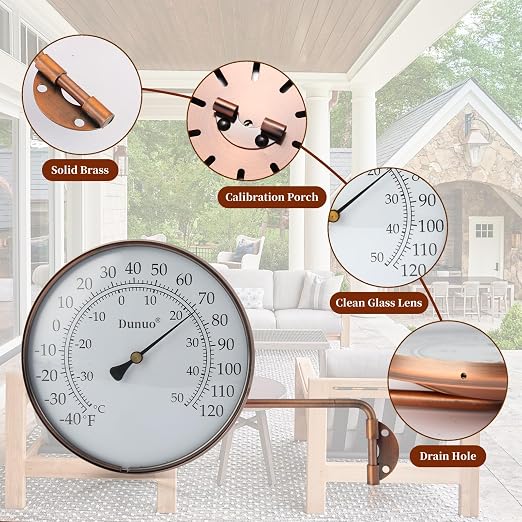 6-inch Outdoor Thermometer for Patio, Outside Analog Temperature Gauge – Weather Resistant for Garden, Home, and Greenhouse, Garage, Brass Swivel Thermometer.