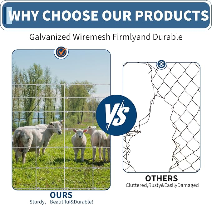  Farm Fence, 4Ft x 328Ft Galvanized Wire Fencing, Goat Cattle Deer Livestock Fence, Heavy Zinc Goat Fences for Goat Deer Yard Livestock Protection