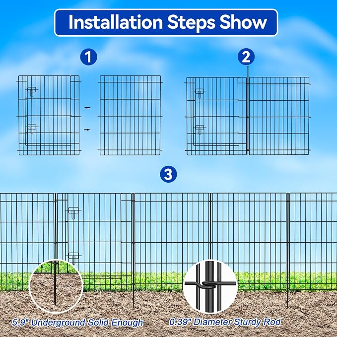 INJOPEXI Decorative Fence 12 Panels 23.6ft (L)30in (H), Metal Fence 11 Panels + 1 Gate Rustproof Wire No Dig Temporary Animal Barrier Fencing for Yard Outdoor Patio