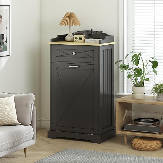 kepptory Tilt Out Trash Can Cabinet, 12 Gallon Farmhouse Laundry Hamper Cabinet with Drawer, Hidden Wooden Trash Garbage Can Bin with Storage Basket for Kitchen, Living Room (Black)