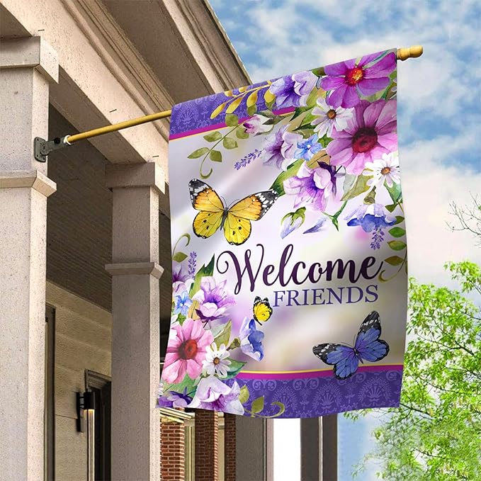 Texupday Welcome Friends Floral Blooms Butterfly Decoration Seasonal Spring Summer House Flag Outdoor Yard Flag 28" x 40"